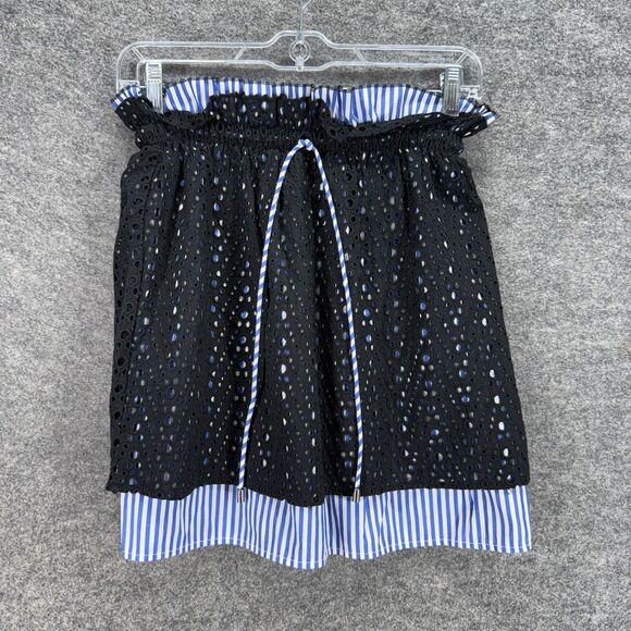 Zara Skirt Women L Large Black Striped A-Line Midi Drawstring Cotton Casual - Picture 1 of 7